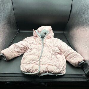 Wonder Nation Pink Siver Stars Faux Fur Puffer Coat Size 2T Length 15 In.
